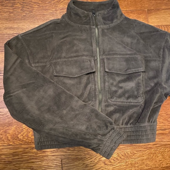 Aerie Green Corduroy Cropped Bomber Jacket - Picture 2 of 3